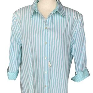 NWT Allison Daley Light Aqua Blue Striped Shirt Contrast Polka Dot Cuffs Sz 18W